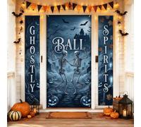 Set di coperture per porta di benvenuto con scheletri, pipistrelli spettrali fantasiosi zucche Halloween nero vacanza portico striscione da appendere per porta decorativa per casa porta d'ingresso