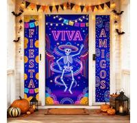 Set di coperture per porta di benvenuto con scheletro, festivo colorato, calendula Día de los Muertos Violet Holiday Portico Door Hanging Banner decorativo per ingresso anteriore casa porta patio 3