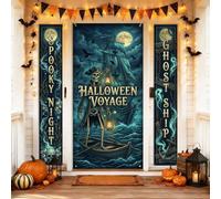 Set di coperture per porta di benvenuto con scheletro, gotico fantasioso fantasma nave lanterna Halloween nero vacanza portico festa sfondo banner decorazione per casa porta d'ingresso porta interna