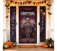 Set di coperture per porta di benvenuto con scheletro, tende gotiche spettrali burattini viola per Halloween, portico, feste, striscioni, decorazioni per porta d'ingresso anteriore, ingresso esterno