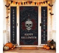 Set di coperture per porta di benvenuto con teschio gotico con rose scure pugnale Halloween nero vacanza portico festa sfondo banner decorazione per casa esterna porta d'ingresso cortile patio 3 pezzi