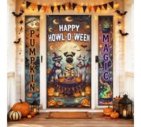 Set di coperture per porta di benvenuto con zucche, fantasioso e giocoso cane pipistrello Halloween arancione vacanze portico banner decorazioni per porta d'ingresso, feste, riunioni di famiglia, 3