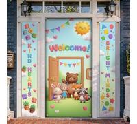 Set di coperture per porta di benvenuto, giocosi animali adatti ai bambini, sole stagionale giallo brillante vacanza portico sfondo banner decorazioni per porta d'ingresso, feste, riunioni di famiglia