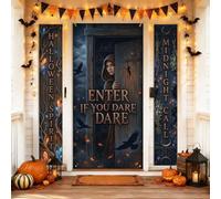 Set di coperture per porta di benvenuto, gotico spettrale pipistrelli zucche Halloween nero vacanza portico porta banner da appendere decorativo per ingresso anteriore festa riunione di famiglia 3