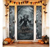 Set di coperture per porta di benvenuto, gotico spettrale zucca gabbia Halloween nero vacanza portico festa sfondo banner decorazione per casa porta d'ingresso porta interna esterna 3 pezzi