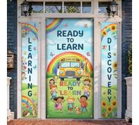 Set di coperture per porta di benvenuto per campus bus, giocoso arcobaleno colorato per bambini primavera giallo vacanza portico appeso banner decorativo per ingresso anteriore ingresso ingresso