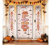 Set di coperture per porta di benvenuto spettrale, giocoso fantasioso ragno stella Halloween arancione vacanze portico festa banner decorazioni per ingresso anteriore festa riunione di famiglia 3