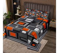 Set di copriletto a griglia geometrica, per letto matrimoniale, per bambini, colore arancione, bianco e grigio, copriletto astratto moderno, con 3 federe decorative trapuntate con 2 federe