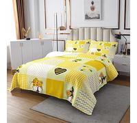 Set di copriletto per letto matrimoniale con motivo a margherite gialle e geometriche, a righe ondulate, copriletto, copriletto con gnomo a 3 pezzi, trapuntato, con 2 federe
