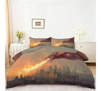 Set di Copripiumino 150 x 200 cm, Fantasy Drago Sputafuoco Città Pittura A Olio Stampato Reversibile Copripiumini con 2 federe 50x75cm - Colorato morbida Microfibra Set Biancheria da con Cerniera