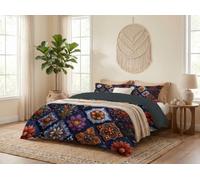 Set Di Copripiumino 3 Pezzi Microfibra Piastrelle Floreali Tradizionali Con Cerniera Blu Scuro Geometria Botanica Retrò Copripiumino Singolo Con Federa Traspirante For Bambini Adolescenti, 200X200Cm