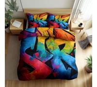 Set di Copripiumino Lettere Graffiti con Stampa Cultura Cittadina Elementi Di Tendenza Copripiumino con Cerniera per Ragazze, Ragazzi e Adolescenti Stile Street Art Copertura del Piumone 135 x 200 cm