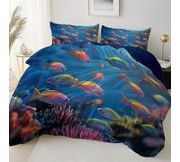 Set di copripiumino matrimoniale da 135 x 200 cm con 2 federe da 80 x 80 cm, Realistico Fondale marino Pesce Barriera corallina con cerniera lampo Copripiumino Matrimoniale 3 pezzi, colore: Blu