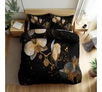 Set di Copripiumino Pittura Inchiostro Puntini Dorati con Stampa a Pattern Copripiumino con Cerniera per Ragazze, Ragazzi e Adolescenti Floreale Disegnato a Mano Copertura del Piumone 220 x 240 cm