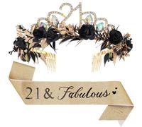 Set di corona e fascia per il 21° compleanno, con fascia e fascia in cristallo floreale con rosa nera e oro con favolosa fascia per capelli per donne di 21 anni, accessori per feste di buon compleanno