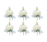 Set di corpetto da uomo con sei composizioni floreali con rose artificiali, perfetto per feste di nozze, feste da ballo, balli e anniversari (bianco)