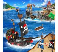 Set di costruzioni castello pirata con luce-3 modalità Grandi navi pirate Baia Modello pirata medievale Wharf Giocattolo Decorazioni per la casa per adulti Adolescenti