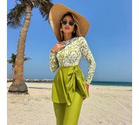 Set di costume da bagno burkini da donna, composto da maglietta a maniche lunghe con collo rotondo, stampa e zip, gonna lunga con laccetto sul lato sinistro, e pantaloni lunghi monocromatici, in versi