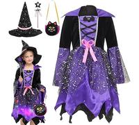 Set di costume da strega che si illumina per bambine, per Halloween, cosplay, feste, travestimenti, con cappello, bastone da fata e borsa tote (viola, 7-9 anni)