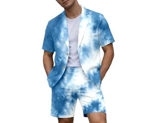 Set di costume elegante da uomo 2 pezzi Blazer a maniche corte e pantaloncini tinti cravatta moderna classica per spiaggia, ragazzi d'onore, matrimonio, ufficio, leggero sportivo, A blu., L