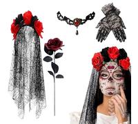 Set di Costume Giorno dei Morti | Decorazioni Abbigliamento,Completo Velo Per Il Giorno Dei Morti - Per Donne Trucco Viso Abbigliamento Adulti Ragazze Halloween Festa in Maschera Party Spettacolo