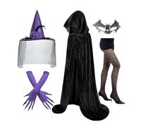 Set di costumi cappello da strega - Mantello magico, maschera nera | elegante in pizzo guanti guanti abiti per spettacolo cosplay di fantasia per le donne, festa gotica, malva, Se référer au