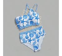 Set di costumi da bagno asimmetrici da donna con elementi a conchiglia a righe blu e bianche, adatto per festival musicali, spiaggia, resort insulari, coordinato per tutta la famiglia L,M,S,XL,XSGrafi