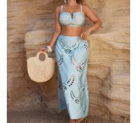 Set di costumi da bagno eleganti e sexy da spiaggia, composto da: Top con scollo a V, regolabile, con taglio laser e motivo floreale in colore unito, taglia curvy; Slip bikini a triangolo con taglio l
