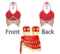 Set di costumi da danza del ventre da donna, caratterizzato da un top semi-trasparente in chiffon con paillettes e schiena scoperta (con imbottiture per il reggiseno non rimovibili) abbinato a una cat