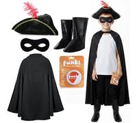 Set di costumi da eroe bandito per bambini, per ragazzi e ragazze, include mantello nero, cappello piumato, maschera, copriscarpe e spada di plastica, Giornata mondiale del libro, Halloween, costume