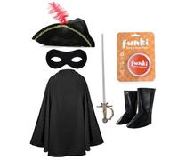 Set di costumi da eroe bandito per bambini, per ragazzi e ragazze, include mantello nero, cappello piumato, maschera, copriscarpe e spada di plastica, Giornata mondiale del libro, Halloween, costume