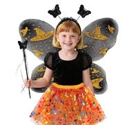 Set di costumi da fata di Halloween per ragazze, ali di farfalla nere con glitter oro, gonna tutù arancione, fascia e bacchetta, regalo per feste di Halloween (SET-A)