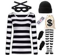 Set di costumi da ladro per adulti, ladro, unisex, accessori per ladro, t-shirt a righe bianche e nere con maschera per gli occhi, borsa per feste criminali, Halloween, carnevale, feste cosplay