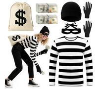 Set di costumi da ladro per adulti, set con maglietta a righe bianche e nere da ladro, con maschera per gli occhi, in tela, per donne, uomini, cosplay, Halloween, Giornata mondiale del libro