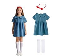 Set di costumi da libro per ragazze, vestito blu, calze bianche e fascia con fiocco rosso, costume cosplay per film Wolrd Book Day, abbigliamento per bambini