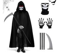 Set di costumi da triste mietitore, mantello nero con cappuccio, falce, guanti da scheletro, maschera da scheletro, costume da urlo, costumi di Halloween, cosplay, abiti da festa per uomini e donne