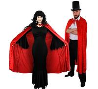 Set di costumi da vampiro per Halloween per coppie - Abito lungo nero da donna e mantello in velluto con cappuccio | Cappello a cilindro + mantello rosso | Zanne da vampiro, trucco per il viso, sangue