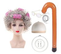 Set di costumi da vecchia signora, 13 pezzi, include parrucca della nonna, collana di perle, orecchini, bracciale, canna, bigodini, occhiali, per Halloween, Giornata mondiale del libro, carnevale