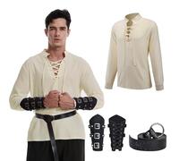 Set di costumi da Vichingo per uomo, abbigliamento medievale del Rinascimento, camicia da pirata, cinture, borse da cintura, parabraccia (3XL)