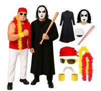 Set di costumi da wrestler anni '80 per adulti, piumino standard, pittura per il viso e pipistrello gonfiabile, oltre a bandana rossa, occhiali gialli, baffi biondi e boa rosso/giallo, kit per
