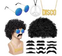 Set di Costumi Hippie 16pezzi, Vestiti Anni 70, Occhiali da Sole Collana Segno di Pace Moustache, Adatto Carnevale Costumi Halloween