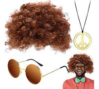 Set di costumi hippie - Parrucca afro funky, parrucca hippie e occhiali da sole | Set di costumi hippie, collana per occhiali da sole con parrucca afro funky, include parrucca af, Marrone chiaro, Se