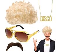 Set di costumi hippie per uomo - parrucca afro funky, occhiali da sole | retrò, collana per la pace, baffi finti, accessorio per capelli per febbre da discoteca | Anni '70 80 Completo hippy fantasia