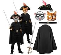 Set di costumi ibridi per bambini da ratto e gatto - Costume 2 in 1 con maschera di carta per topi e maschera per gatti, mantello nero, spada in alluminio, cintura e cappello da moschettiere - Vestire