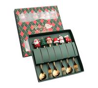 Set di cucchiai da caffè natalizi in acciaio da 180 g | 3 cucchiai e 3 forchette in confezione regalo | Posate festive per caffè, tè e dessert | Posate per feste in acciaio