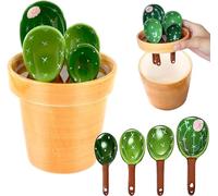 Set di cucchiai dosatori in ceramica a forma di cactus, 5 pezzi, simpatici misurini e cucchiai per cucina, per misurare liquidi, alimenti, sale e zucchero, con base tazza (verde)