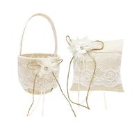 Set di Cuscini per Portafedi e Cesto da Sposa in Avorio per Ragazza di Fiori, Collezione di Pizzo in Raso Bianco con Strass Perlati, Cestini per Ragazza di Fiori della Serie (1)