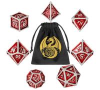 Set di Dadi in Metallo DND, Modello del Drago, 7 pezzi di Dadi Poliedrici, Accessori per Giochi di Ruolo, MTG, Regali D&D con Borsa Regalo, D20, D12, 2 D10 (00-90 e 0-9), D8, D6 e D4, Argento + Rosso