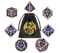 Set di Dadi in Metallo DND, Modello del Drago, 7 pezzi di Dadi Poliedrici in Metallo, Accessori per Giochi di Ruolo, Regali D&D con Borsa Regalo, D20, D12, 2 D10 (00-90 e 0-9), D8, D6 e D4, Rame + Blu