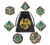 Set di Dadi in Metallo DND, Modello del Drago, 7 pezzi di Dadi Poliedrici, MTG, Accessori per Giochi di Ruolo, Regali D&D con Borsa Regalo, D20, D12, 2 D10 (00-90 e 0-9), D8, D6 e D4, Rame + Verde